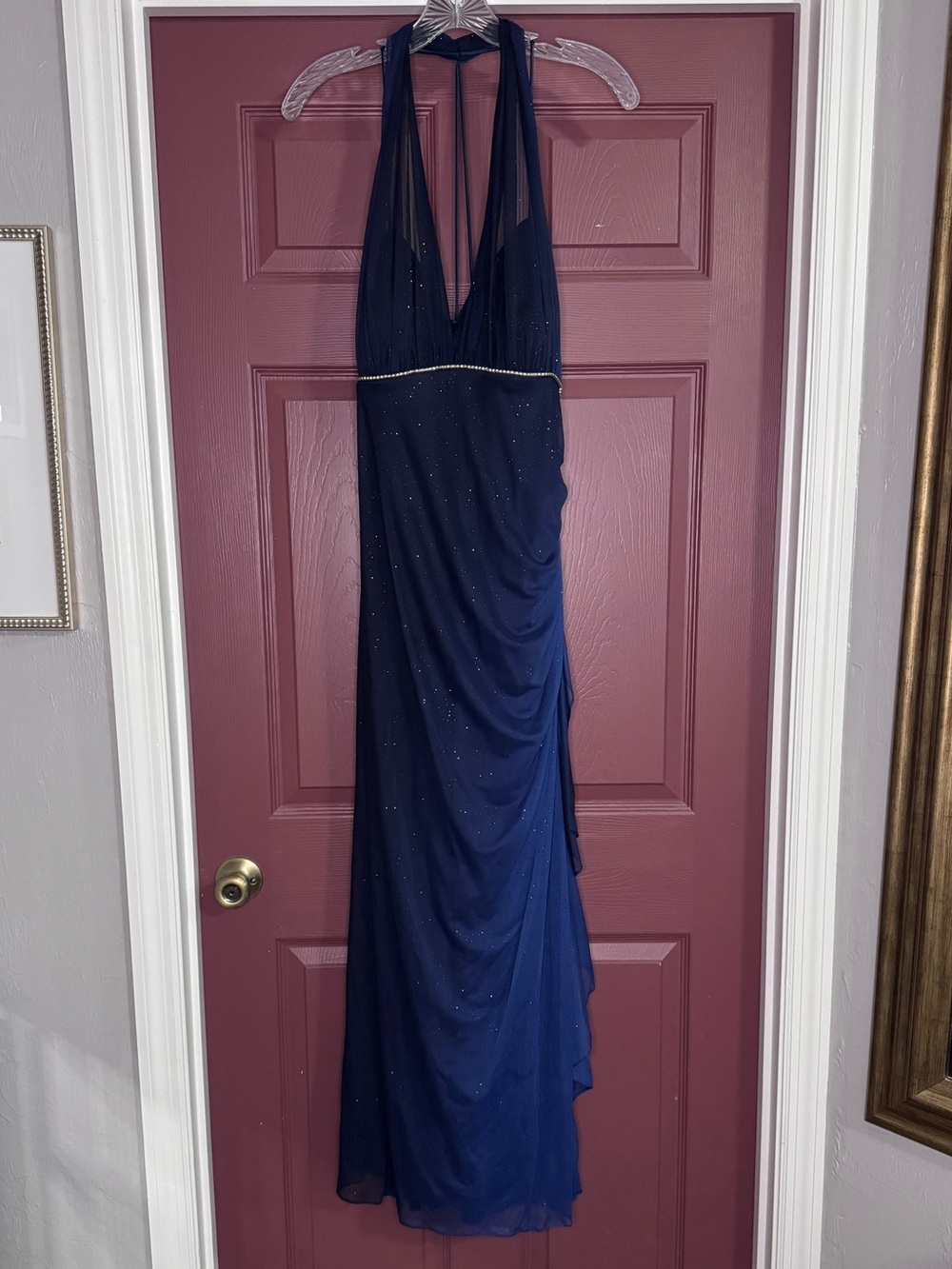 Betsy & Adam Navy Blue Halter Evening Gown with Beaded Waist